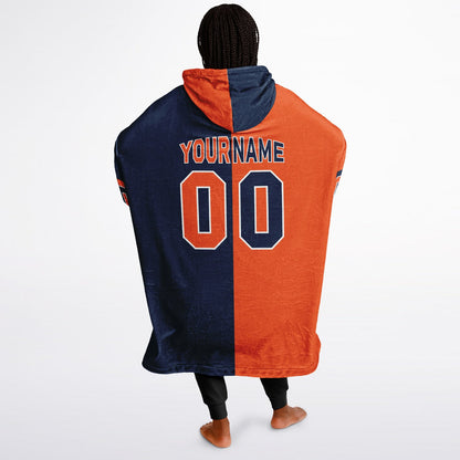 Orange, navy, and white halftime snug hoodie with three-tone split design and cozy fleece texture.