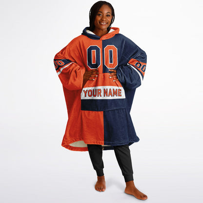 Orange, navy, and white halftime snug hoodie with three-tone split design and cozy fleece texture.