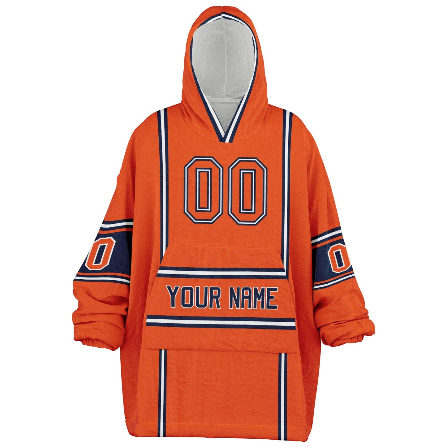Orange, navy, and white lineup snug hoodie with clean line work and subtle jersey influence.