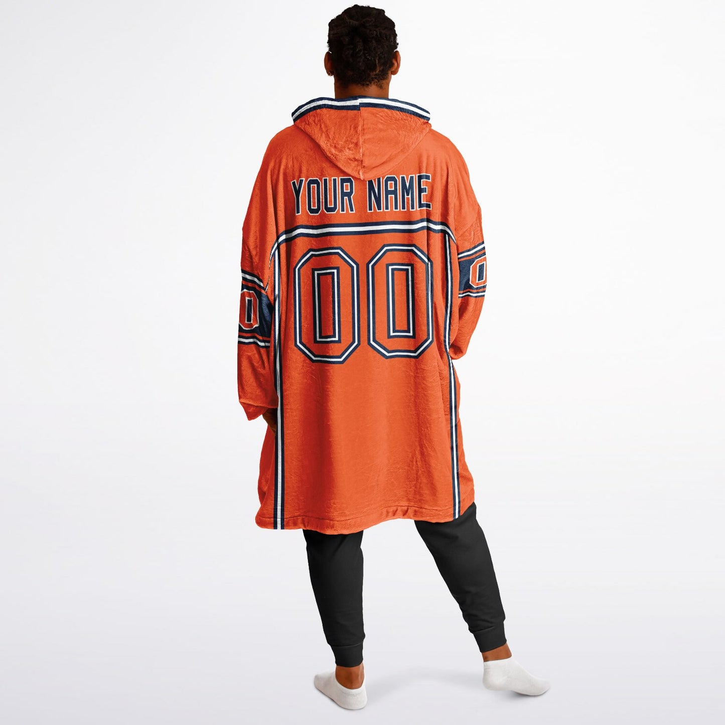 Orange, navy, and white lineup snug hoodie with clean line work and subtle jersey influence.