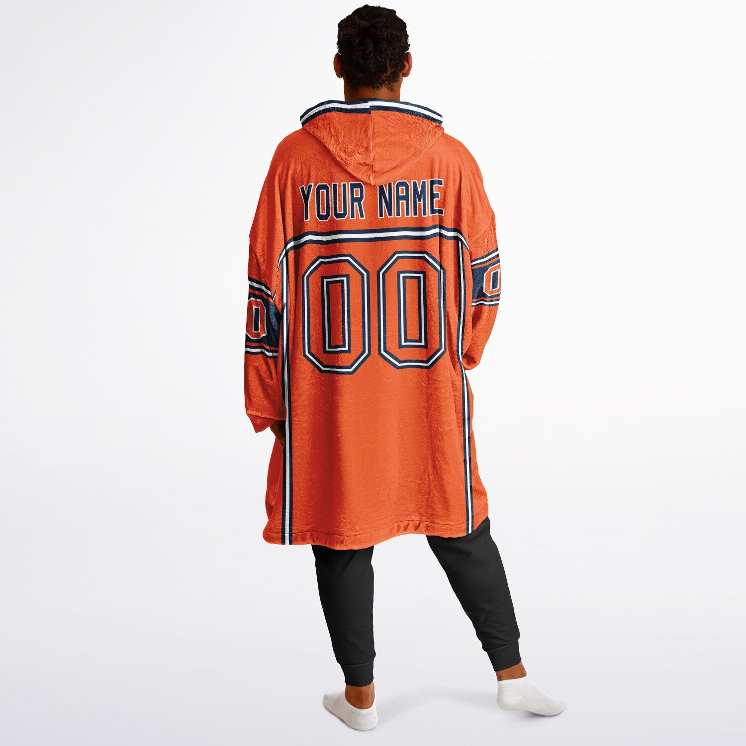 Orange, navy, and white lineup snug hoodie with clean line work and subtle jersey influence.