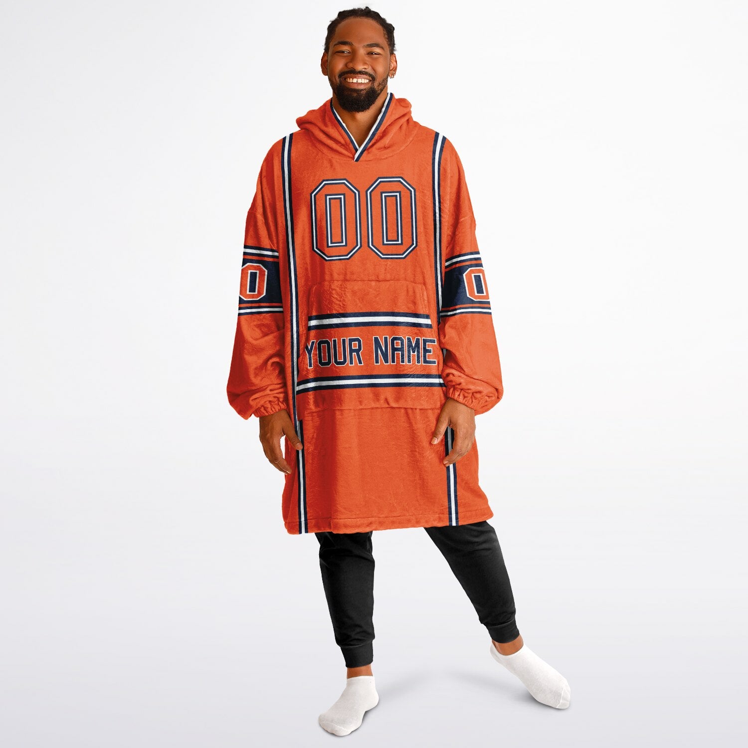 Orange, navy, and white lineup snug hoodie with clean line work and subtle jersey influence.