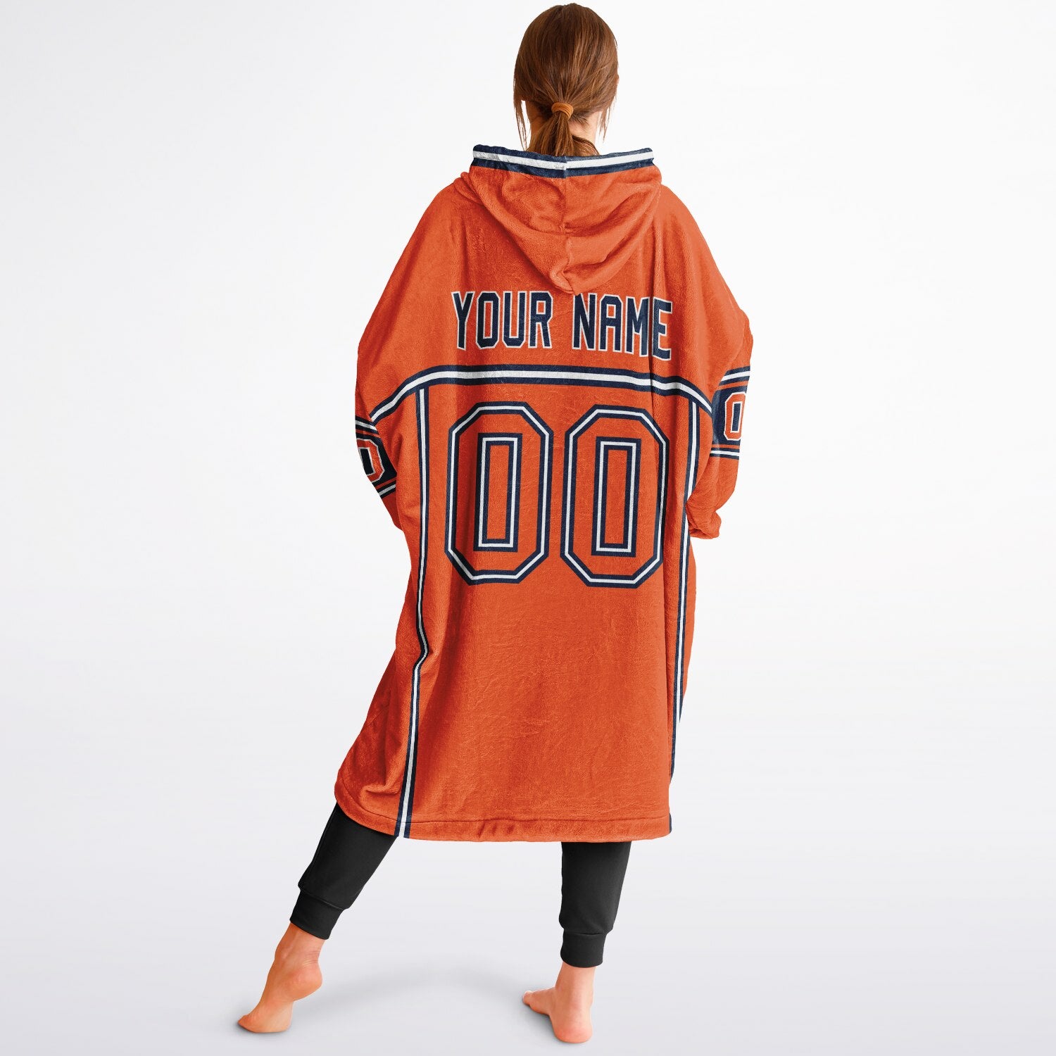 Orange, navy, and white lineup snug hoodie with clean line work and subtle jersey influence.