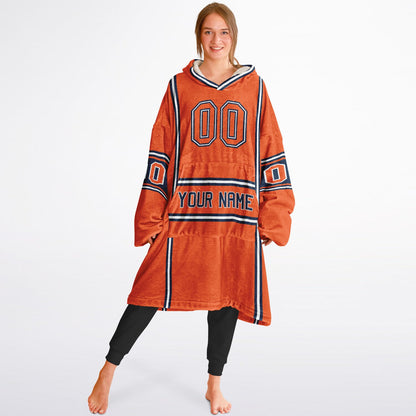 Orange, navy, and white lineup snug hoodie with clean line work and subtle jersey influence.