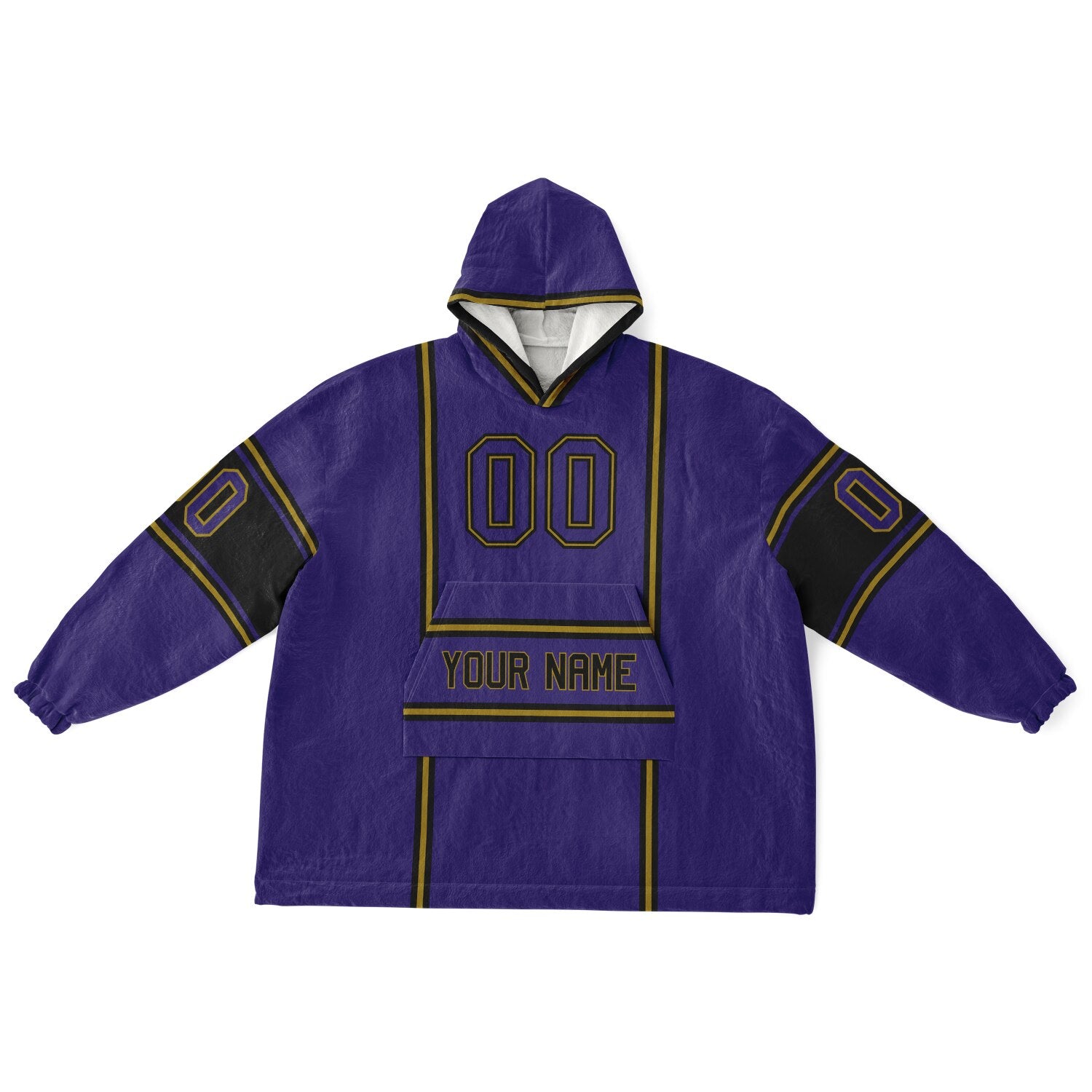 Purple, black, and metallic gold lineup snug hoodie with clean line work and subtle jersey influence.