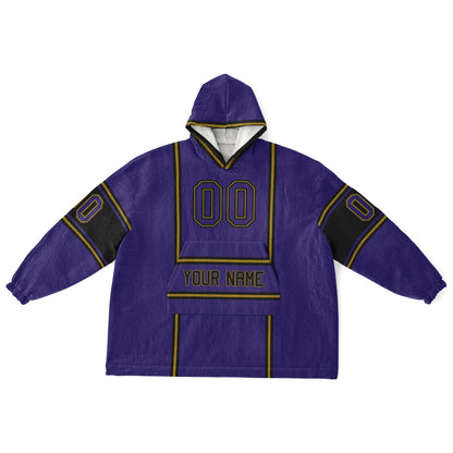 Purple, black, and metallic gold lineup snug hoodie with clean line work and subtle jersey influence.