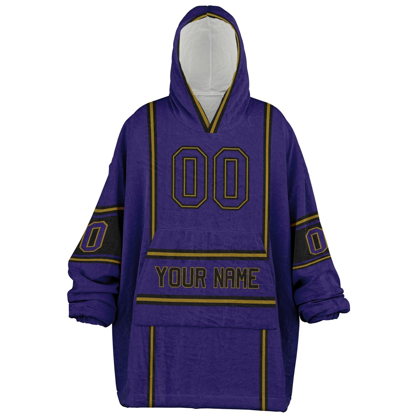 Purple, black, and metallic gold lineup snug hoodie with clean line work and subtle jersey influence.