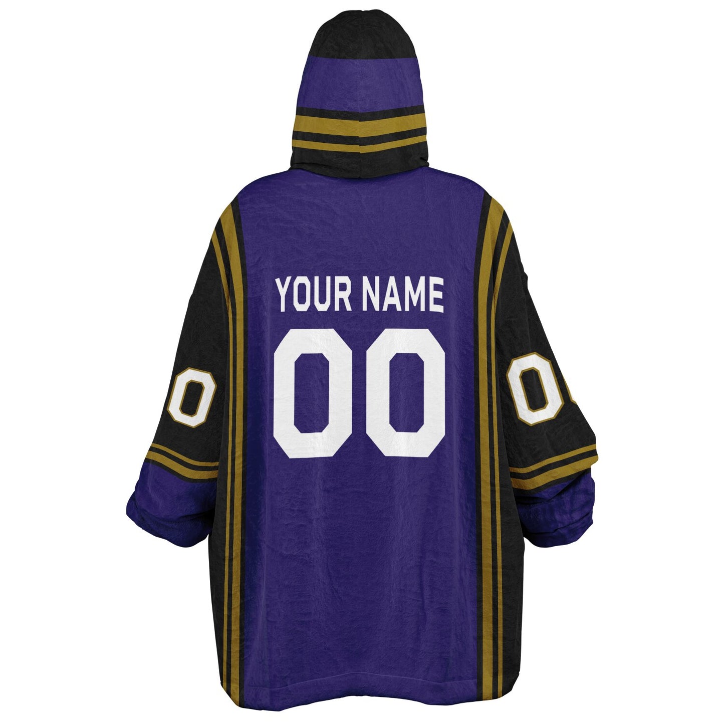 Purple, black, metallic gold bold snug hoodie with triple color blocking and a sporty aesthetic.
