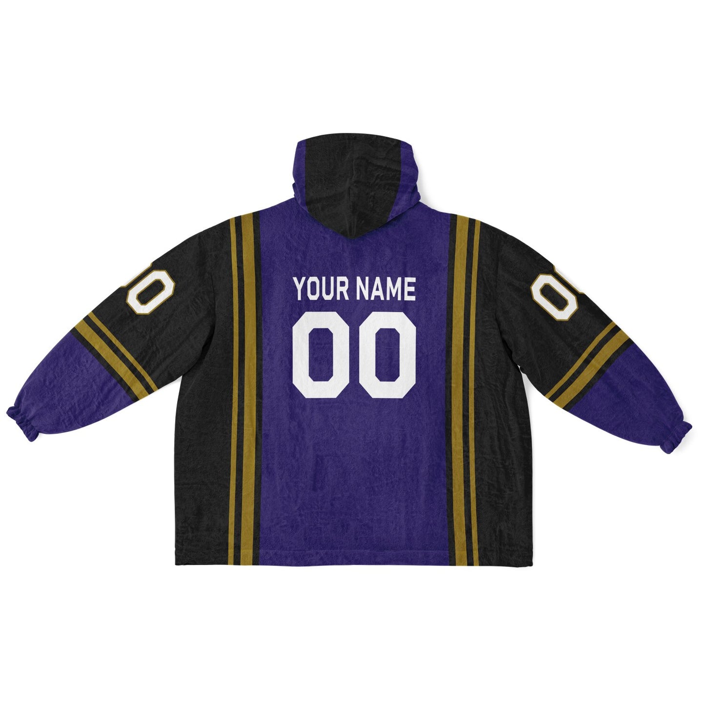 Purple, black, metallic gold bold snug hoodie with triple color blocking and a sporty aesthetic.