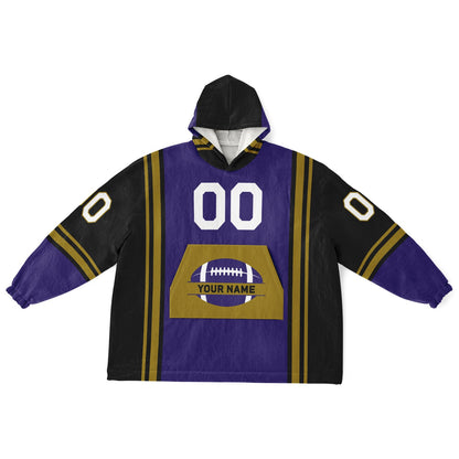 Purple, black, metallic gold bold snug hoodie with triple color blocking and a sporty aesthetic.