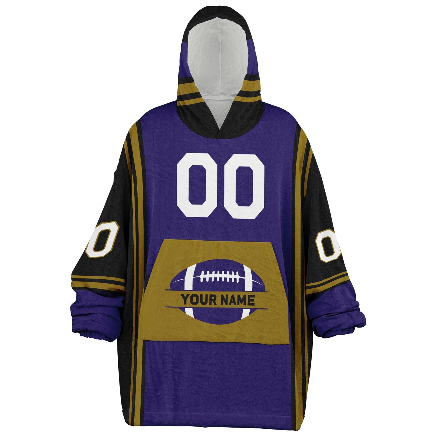 Purple, black, metallic gold bold snug hoodie with triple color blocking and a sporty aesthetic.