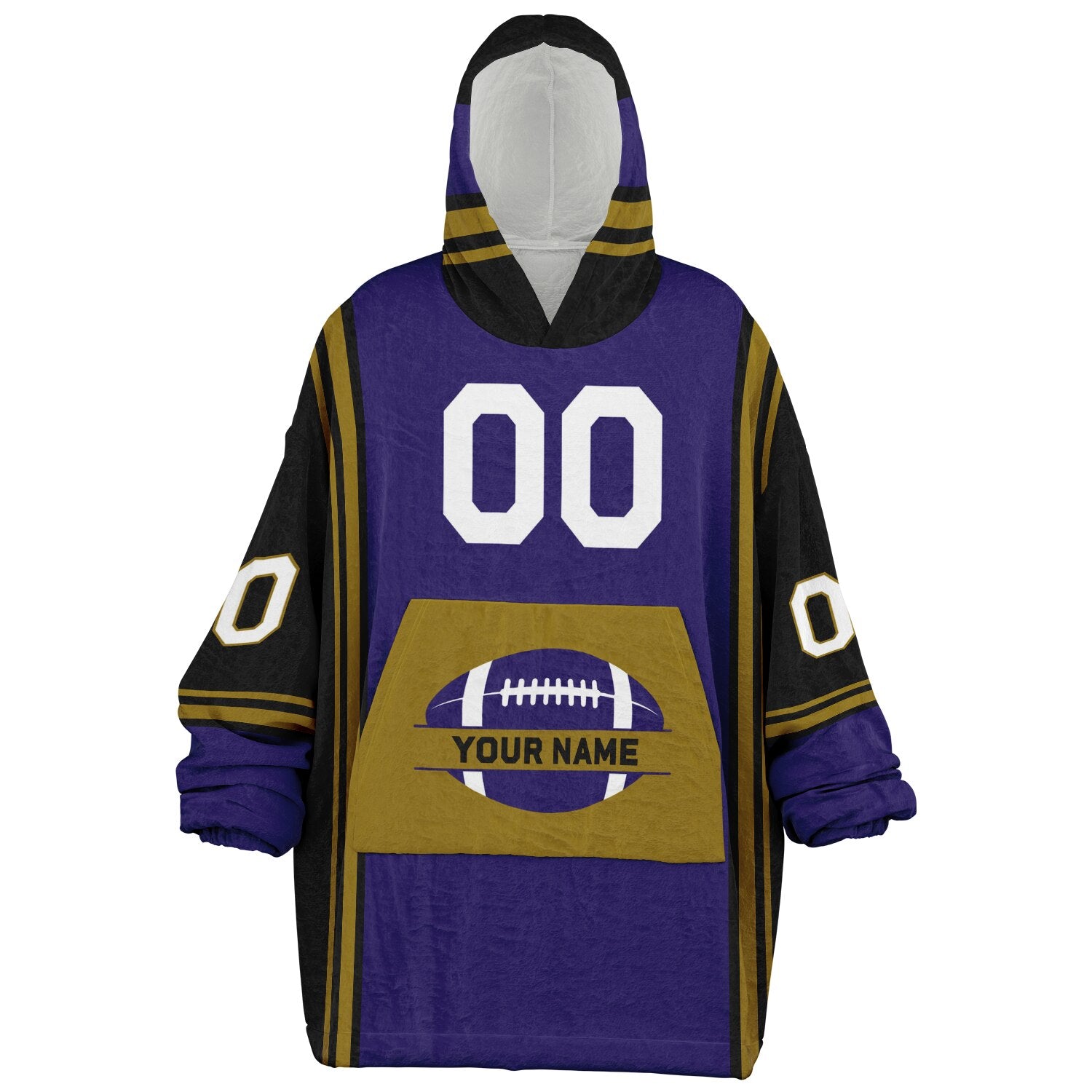 Purple, black, metallic gold bold snug hoodie with triple color blocking and a sporty aesthetic.