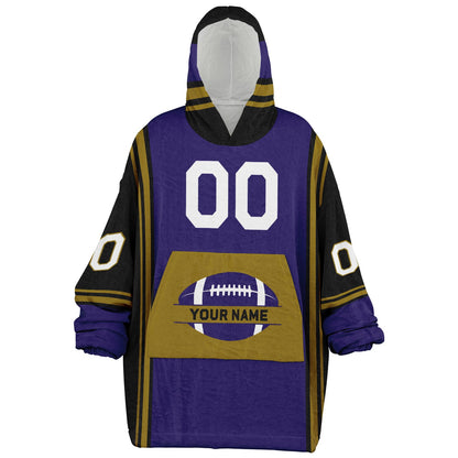Purple, black, metallic gold bold snug hoodie with triple color blocking and a sporty aesthetic.