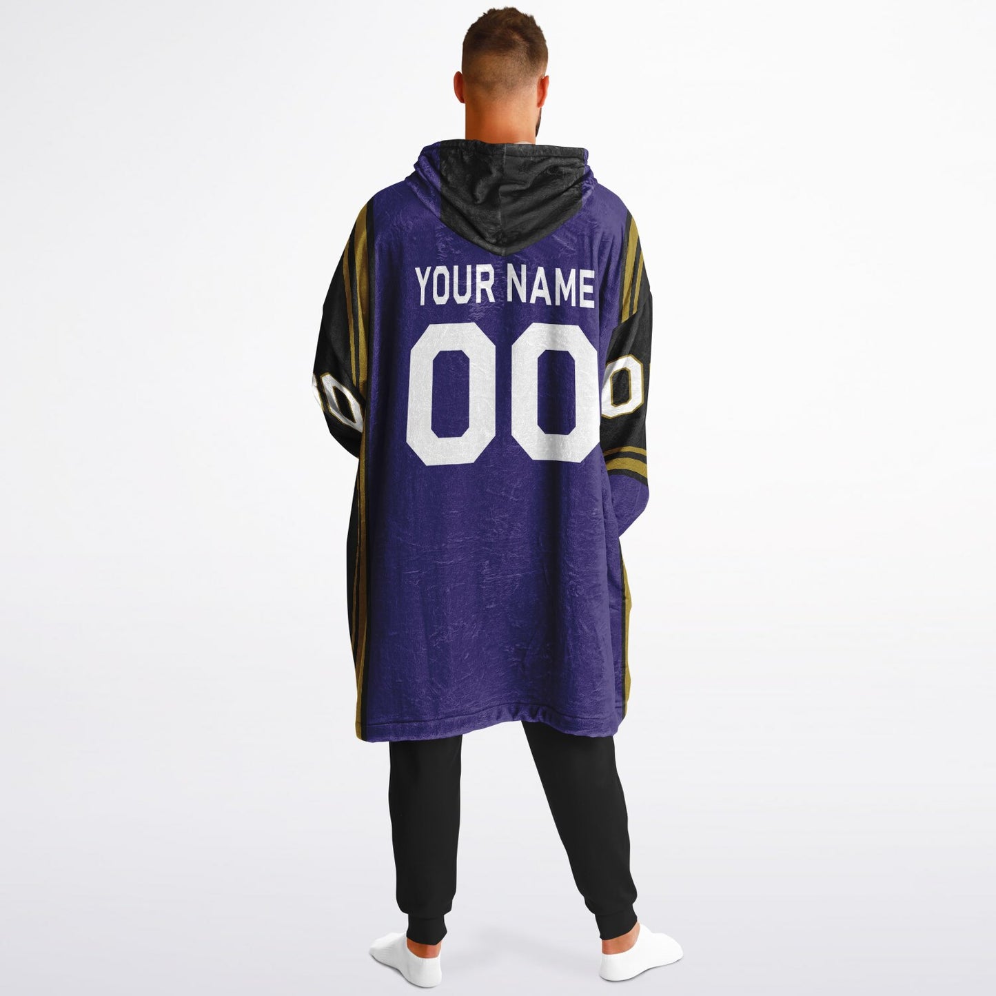 Purple, black, metallic gold bold snug hoodie with triple color blocking and a sporty aesthetic.