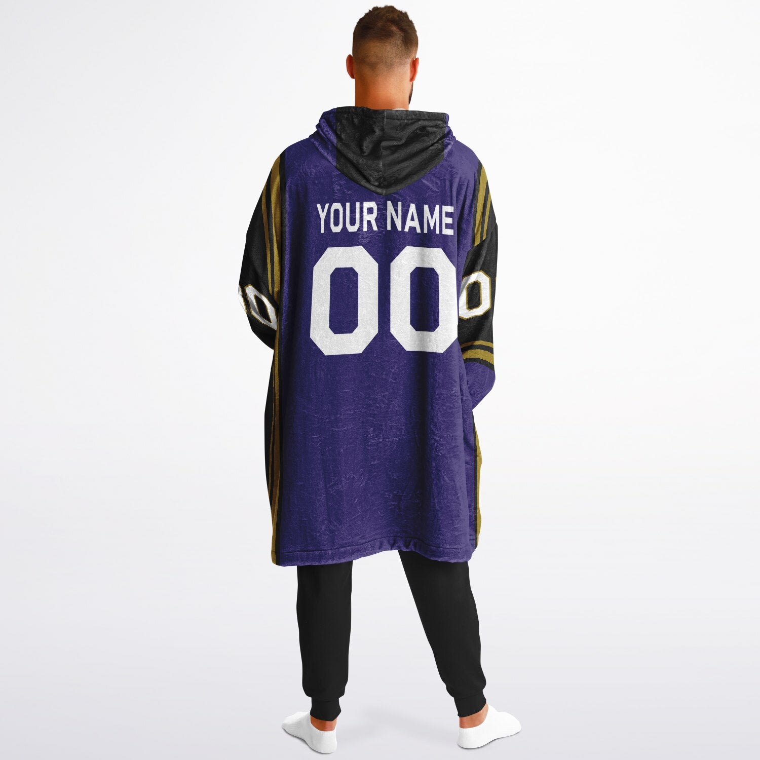 Purple, black, metallic gold bold snug hoodie with triple color blocking and a sporty aesthetic.