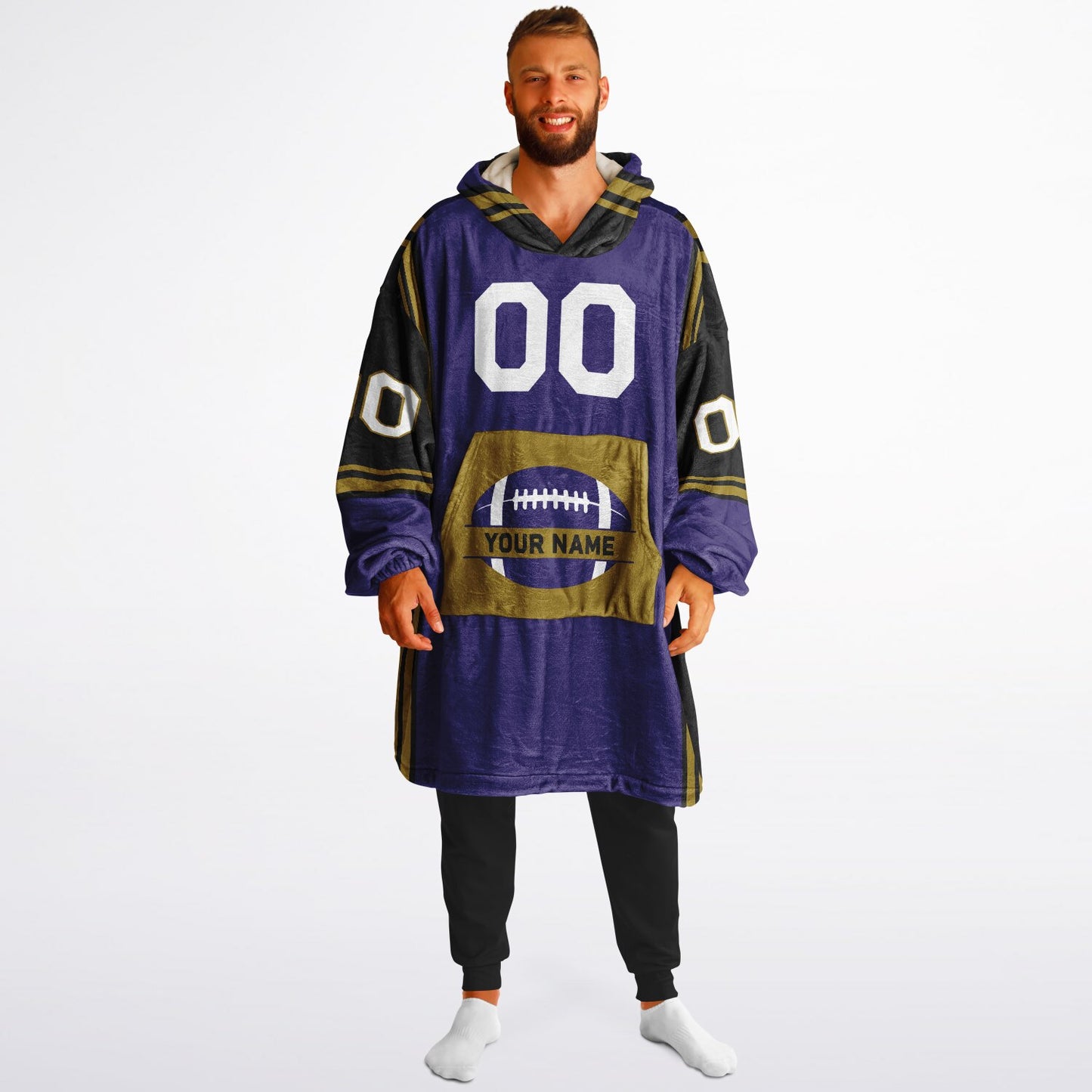 Purple, black, metallic gold bold snug hoodie with triple color blocking and a sporty aesthetic.
