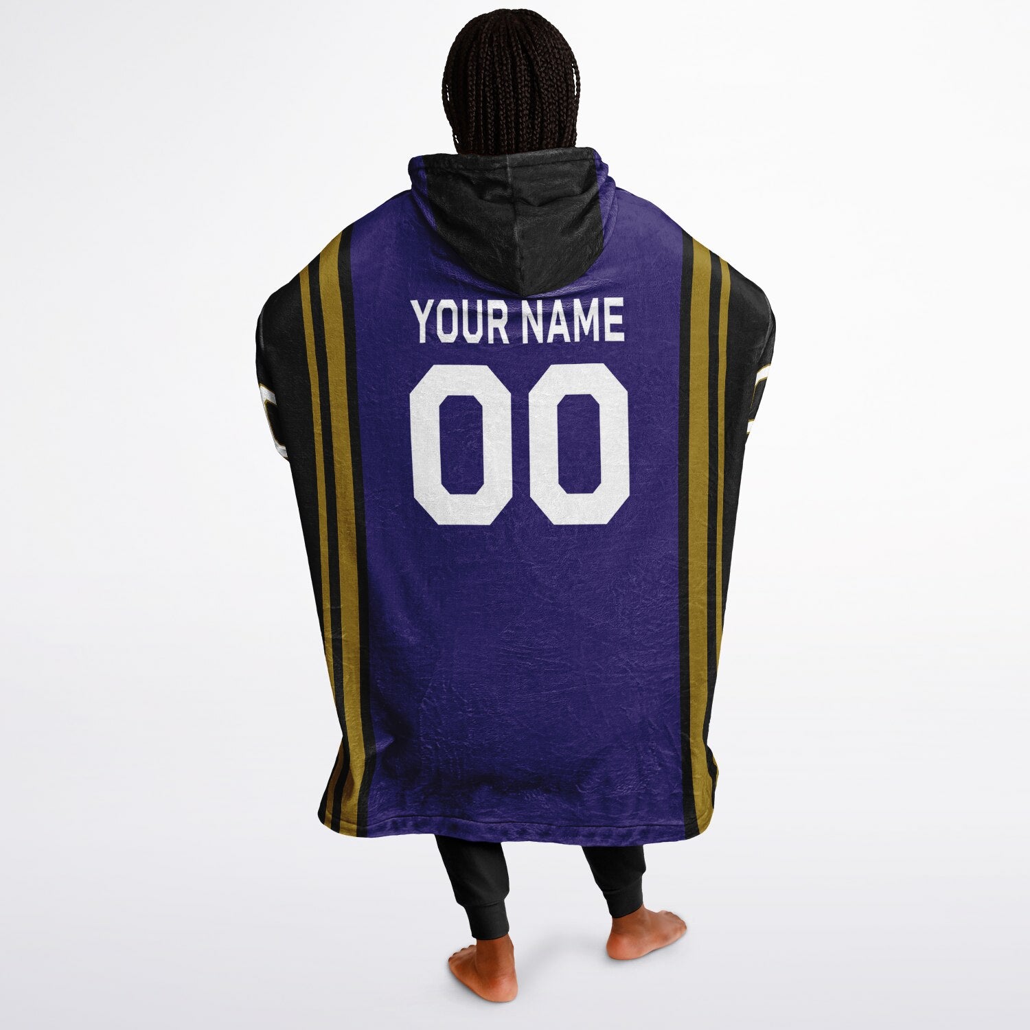 Purple, black, metallic gold bold snug hoodie with triple color blocking and a sporty aesthetic.