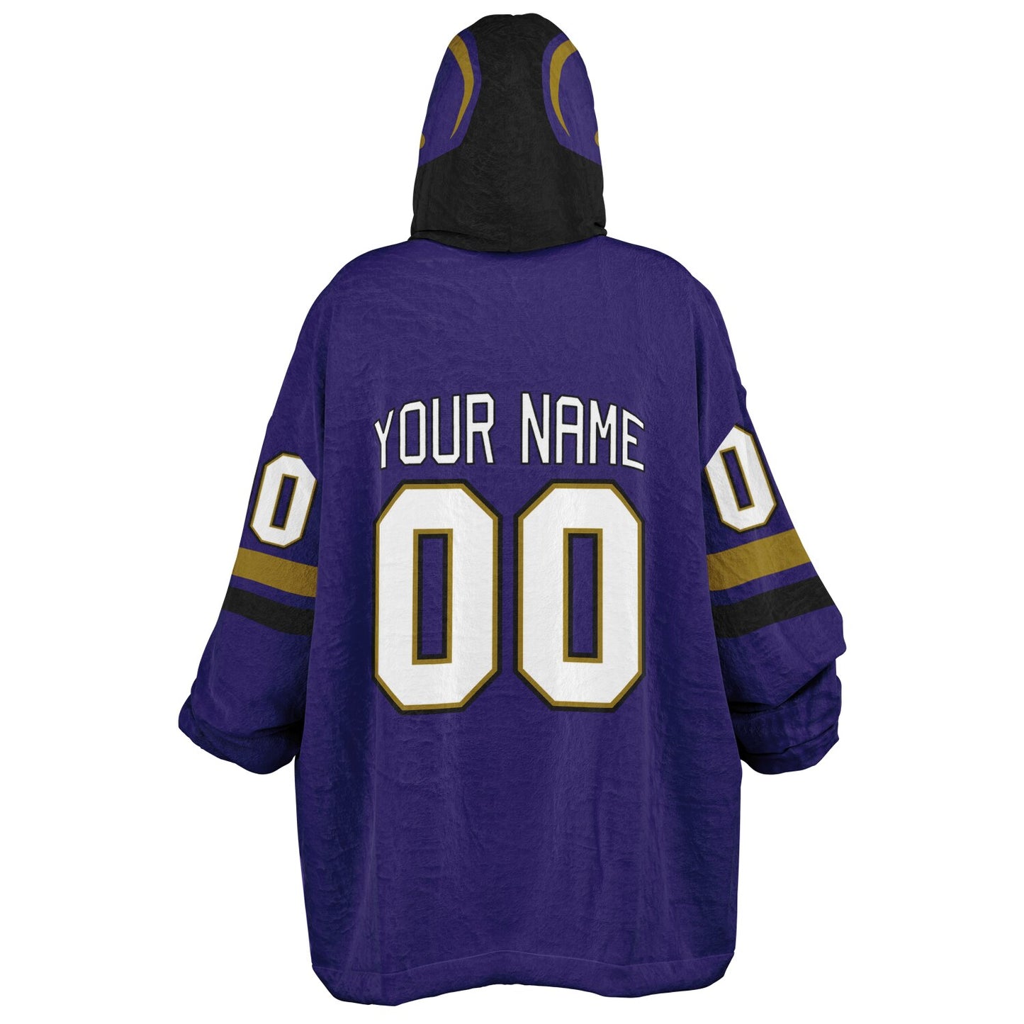 Purple, black, and metallic gold classic snug hoodie featuring authentic jersey striping and personalized number details.