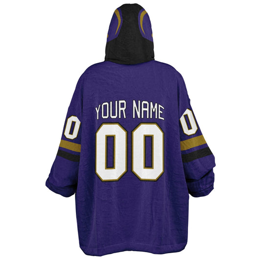Purple, black, and metallic gold classic snug hoodie featuring authentic jersey striping and personalized number details.
