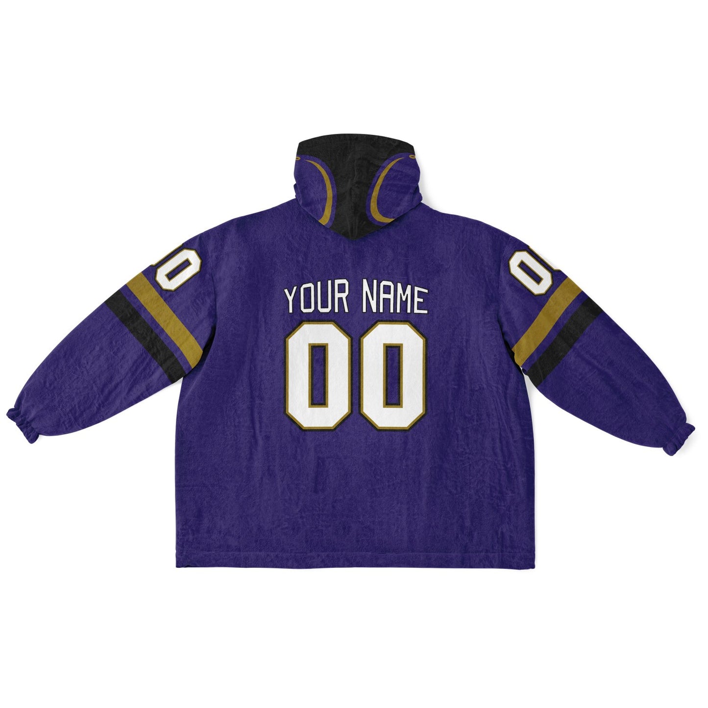 Purple, black, and metallic gold classic snug hoodie featuring authentic jersey striping and personalized number details.