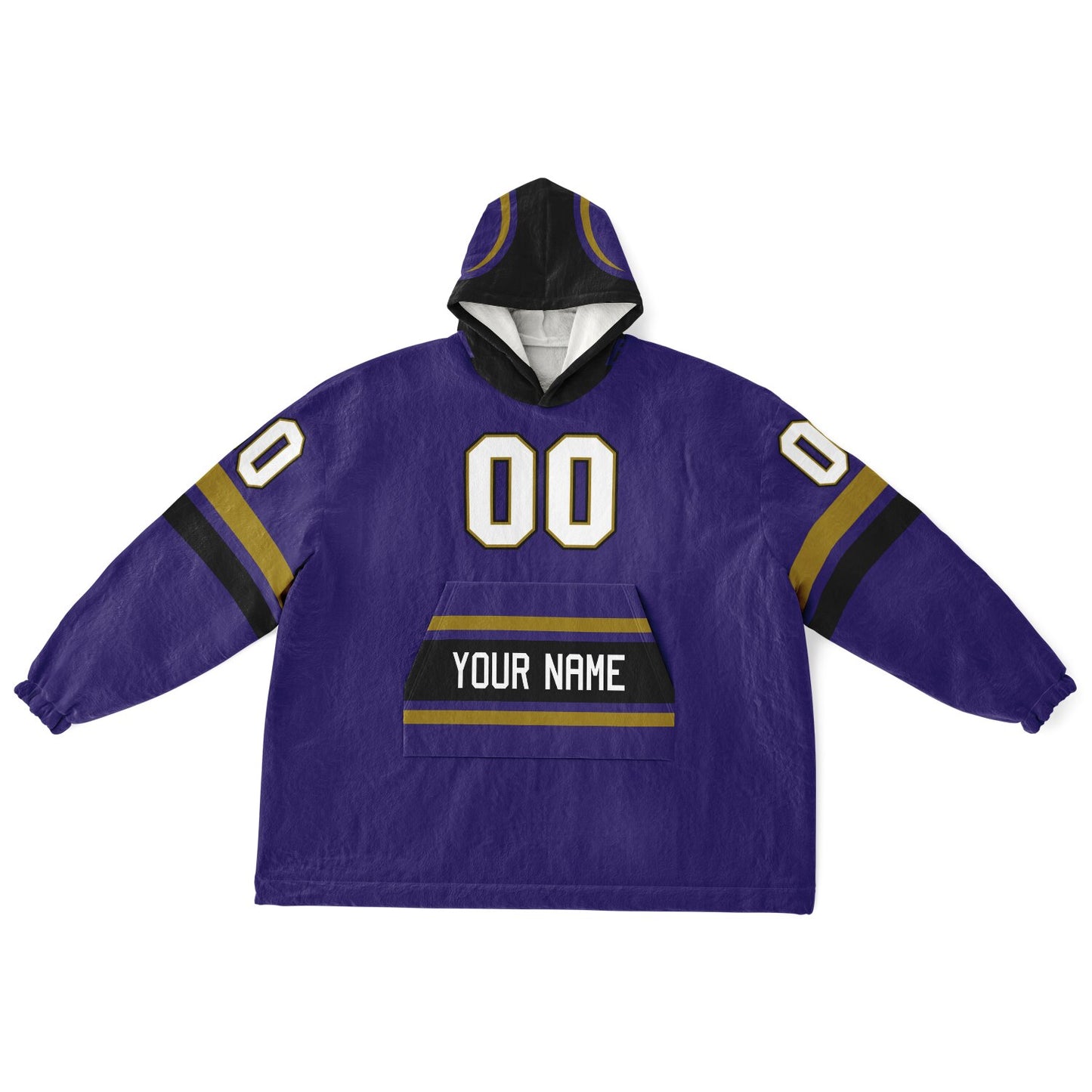 Purple, black, and metallic gold classic snug hoodie featuring authentic jersey striping and personalized number details.