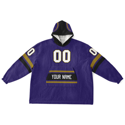 Purple, black, and metallic gold classic snug hoodie featuring authentic jersey striping and personalized number details.