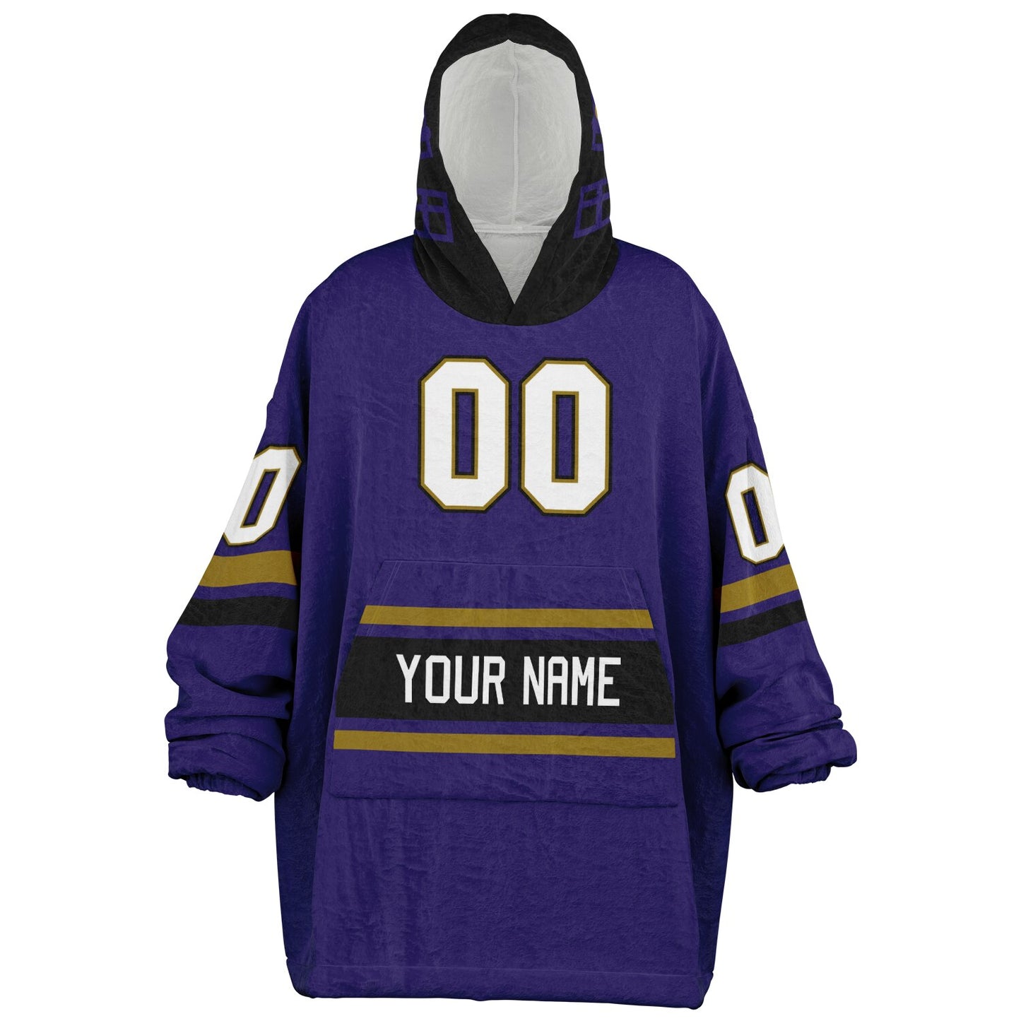 Purple, black, and metallic gold classic snug hoodie featuring authentic jersey striping and personalized number details.