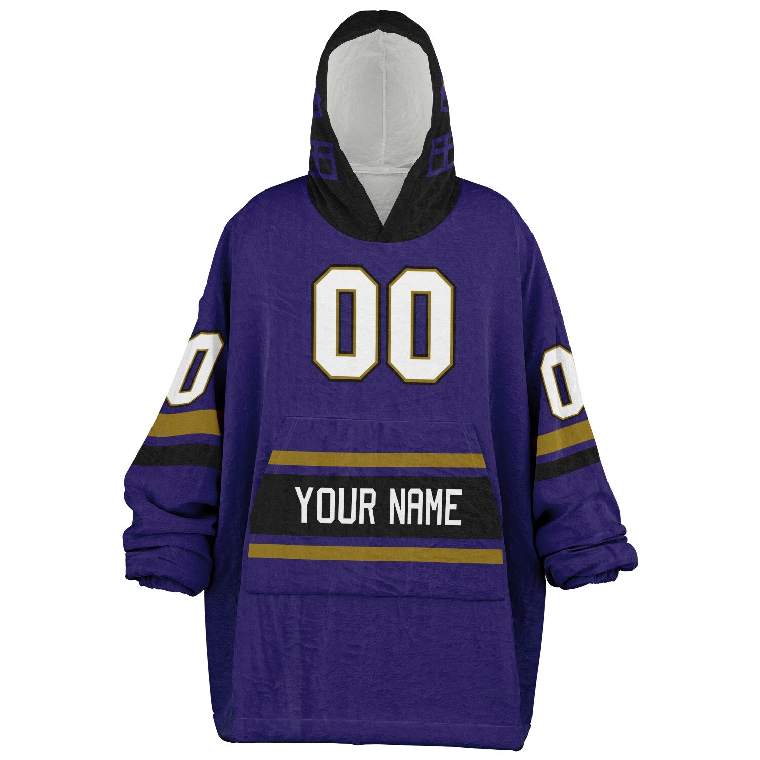 Purple, black, and metallic gold classic snug hoodie featuring authentic jersey striping and personalized number details.