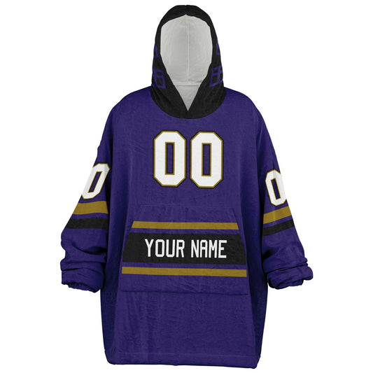 Purple, black, and metallic gold classic snug hoodie featuring authentic jersey striping and personalized number details.