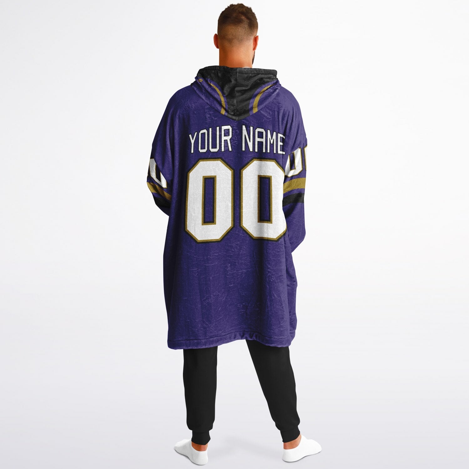 Purple, black, and metallic gold classic snug hoodie featuring authentic jersey striping and personalized number details.