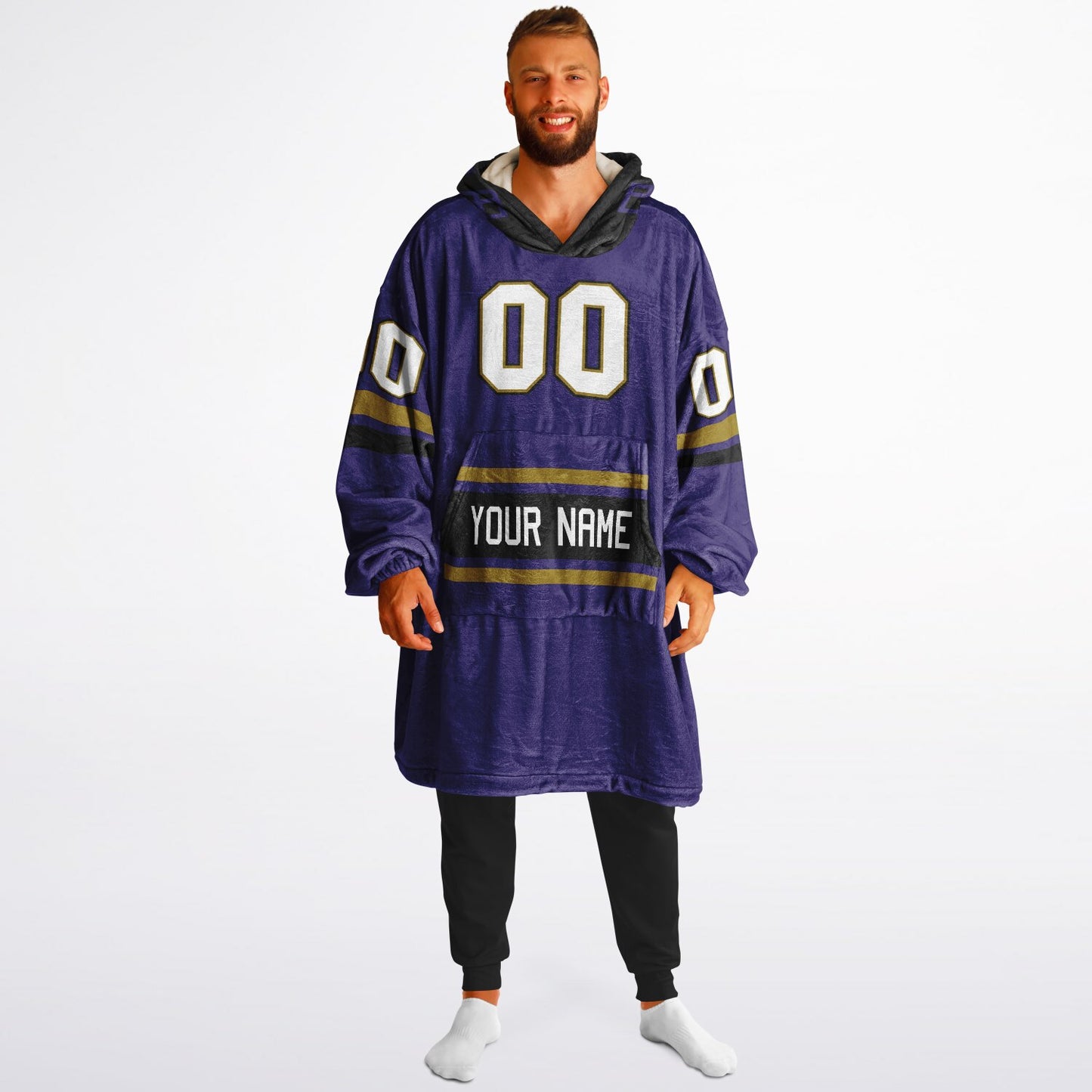 Purple, black, and metallic gold classic snug hoodie featuring authentic jersey striping and personalized number details.