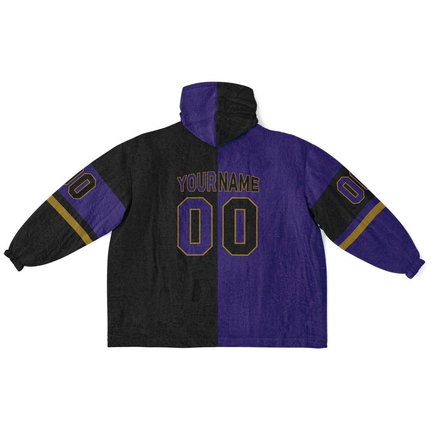 Purple, black, and metallic gold halftime snug hoodie with three-tone split design and cozy fleece texture.