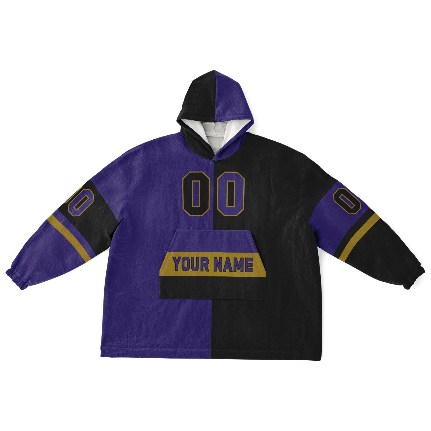 Purple, black, and metallic gold halftime snug hoodie with three-tone split design and cozy fleece texture.