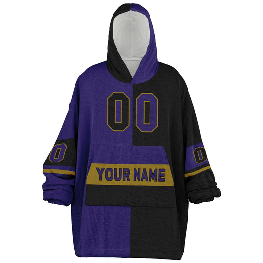 Purple, black, and metallic gold halftime snug hoodie with three-tone split design and cozy fleece texture.