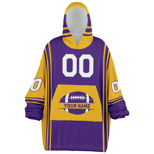 Purple and gold bold snug hoodie with modern color-block design and soft loungewear fit.