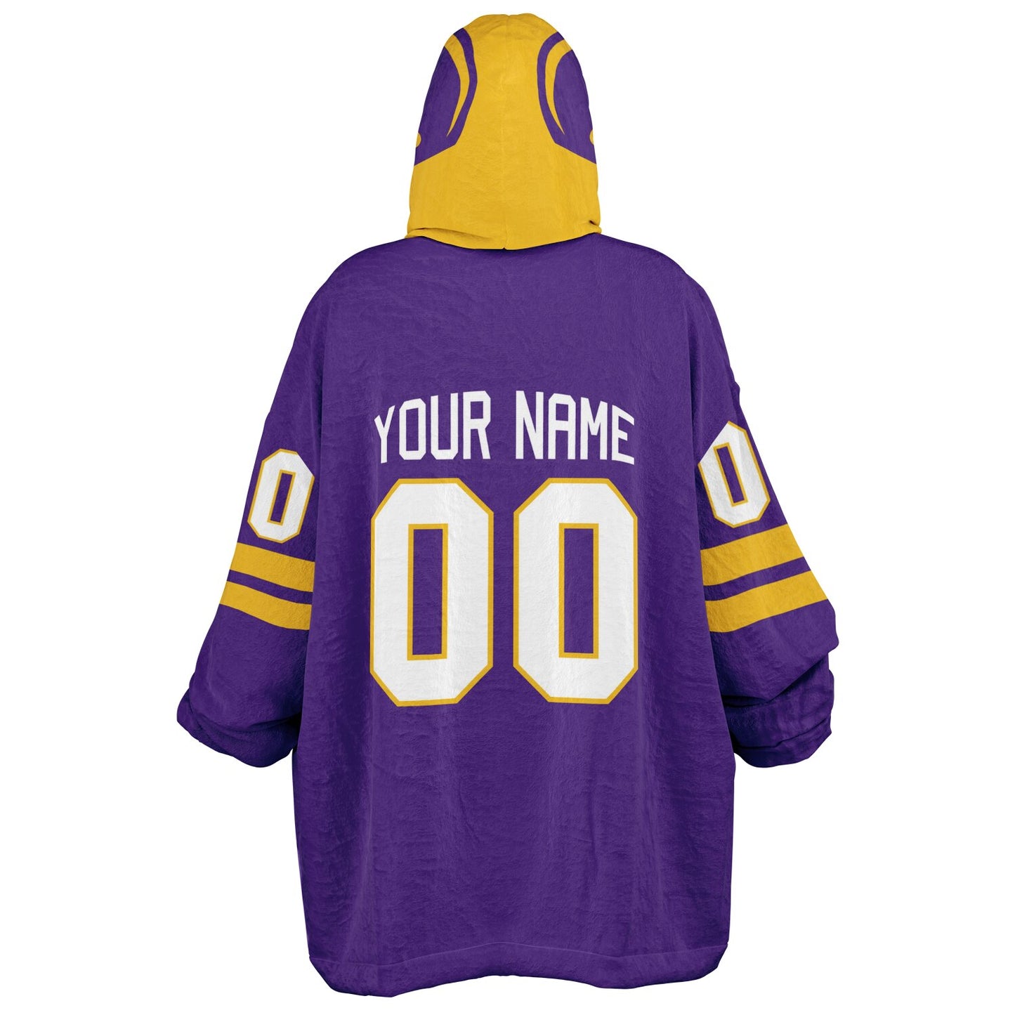 Purple and gold classic snug hoodie featuring jersey-style stripes and personalized name and number.