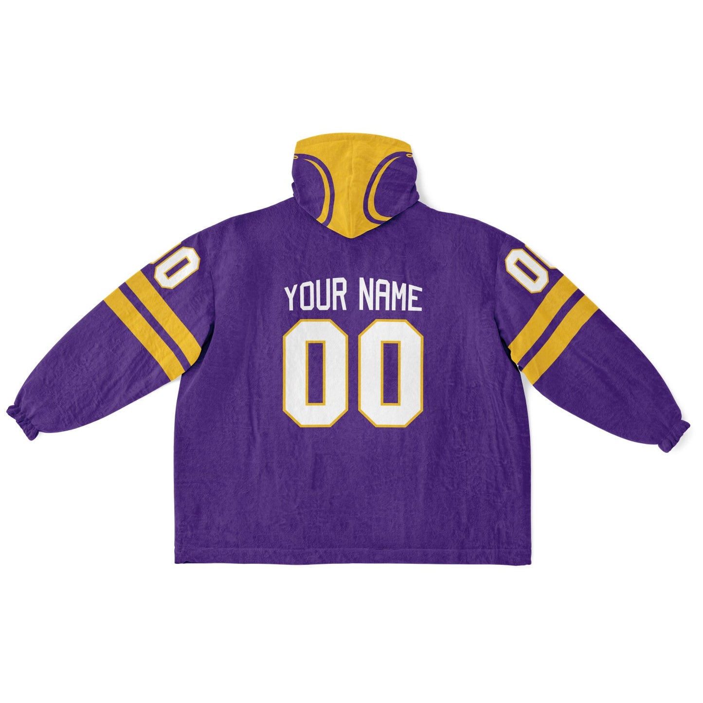 Purple and gold classic snug hoodie featuring jersey-style stripes and personalized name and number.