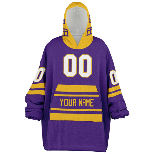 Purple and gold classic snug hoodie featuring jersey-style stripes and personalized name and number.