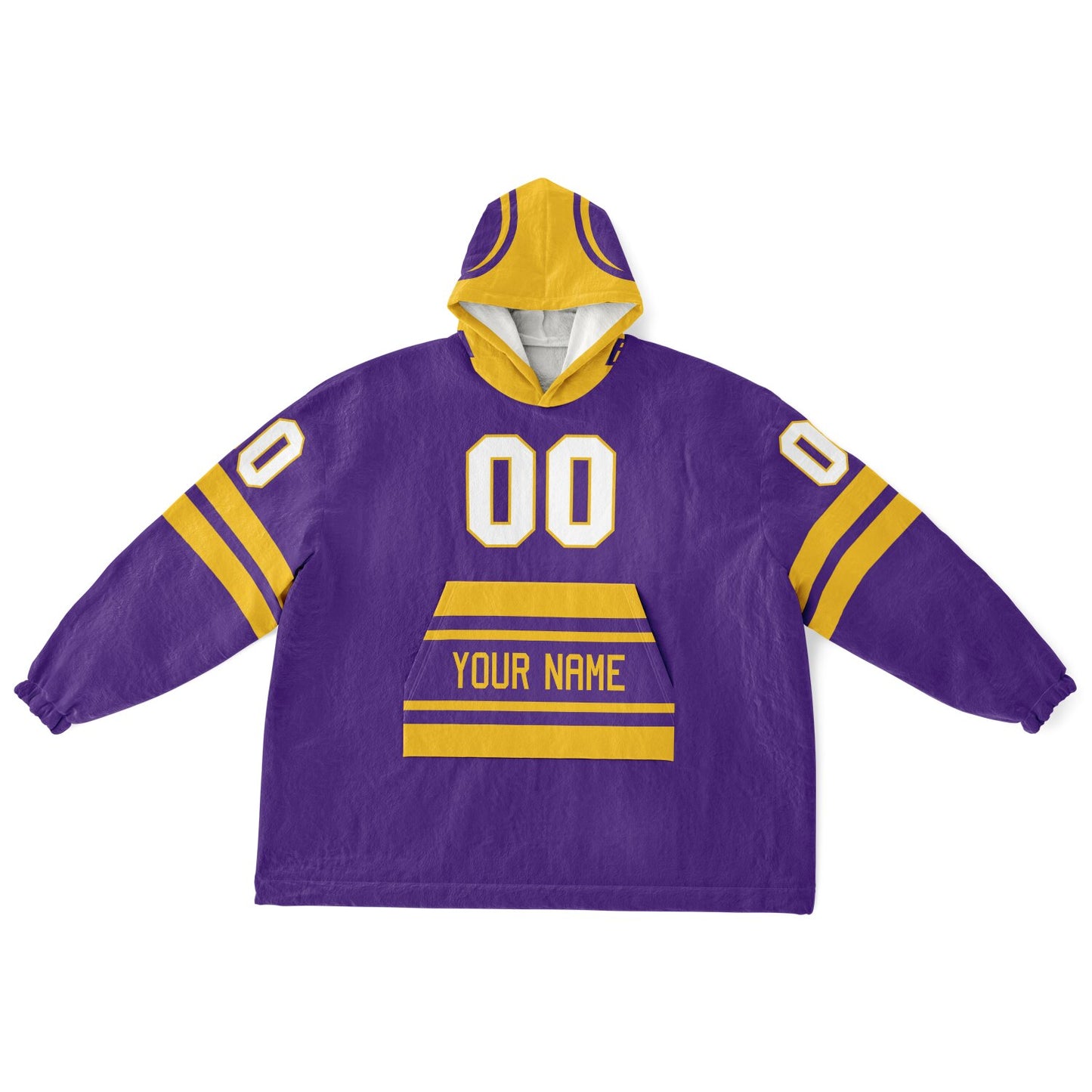 Purple and gold classic snug hoodie featuring jersey-style stripes and personalized name and number.
