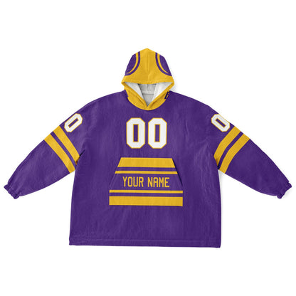 Purple and gold classic snug hoodie featuring jersey-style stripes and personalized name and number.