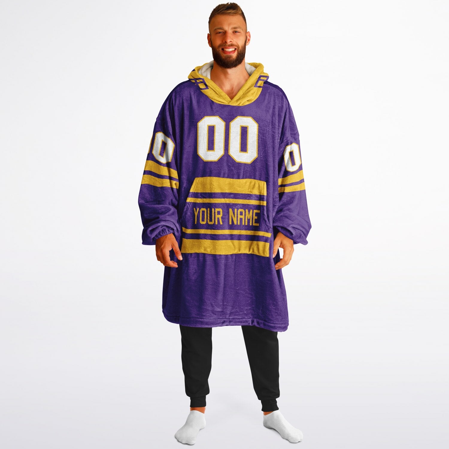 Purple and gold classic snug hoodie featuring jersey-style stripes and personalized name and number.