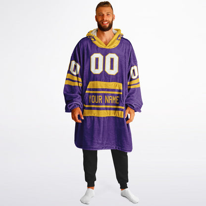 Purple and gold classic snug hoodie featuring jersey-style stripes and personalized name and number.