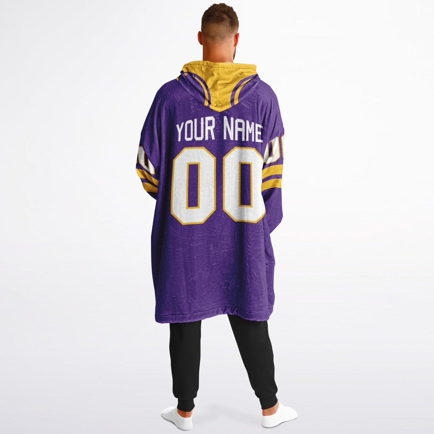 Purple and gold classic snug hoodie featuring jersey-style stripes and personalized name and number.