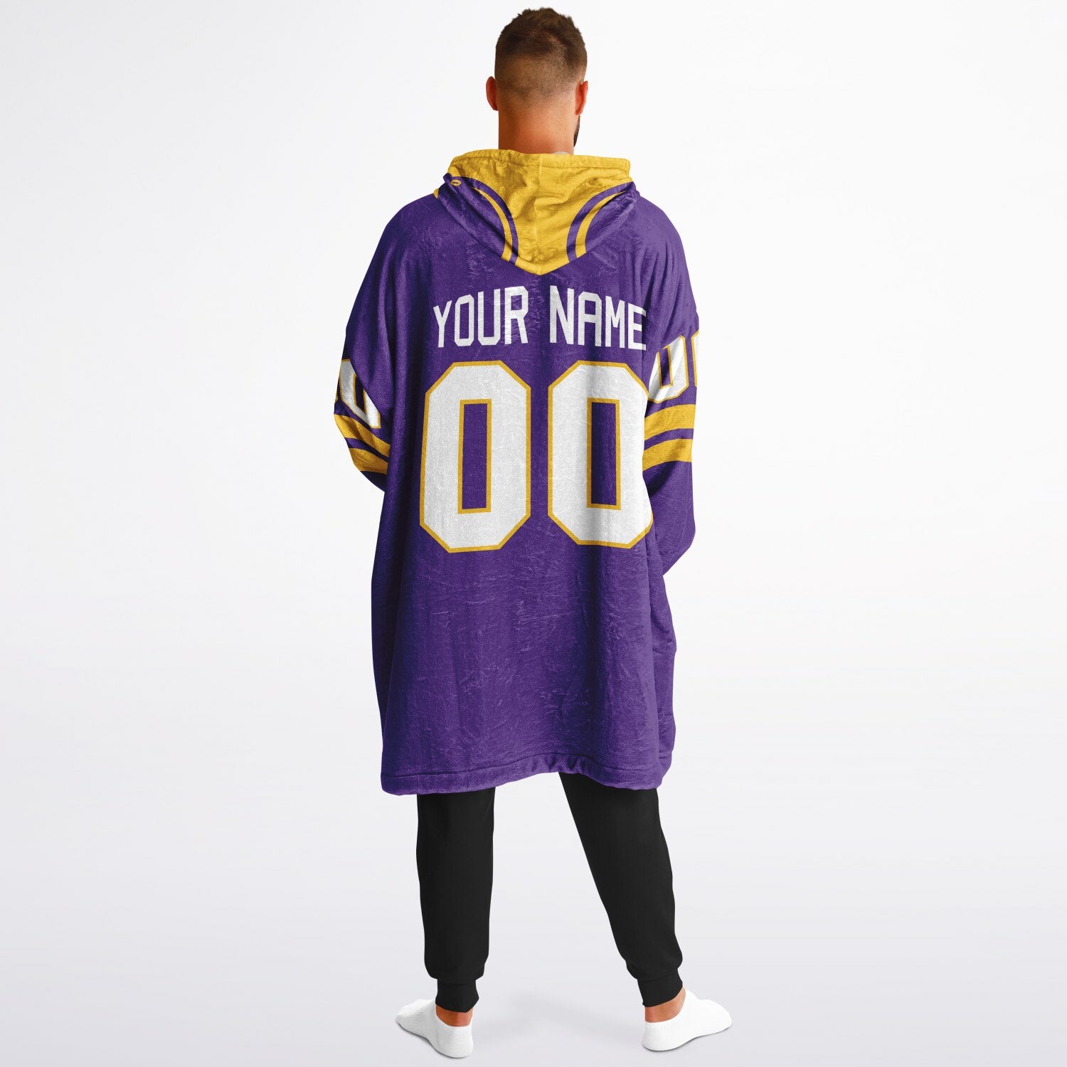 Purple and gold classic snug hoodie featuring jersey-style stripes and personalized name and number.