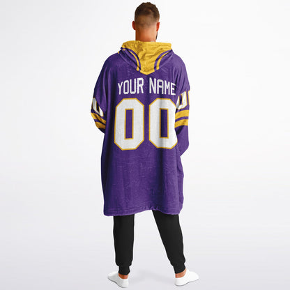 Purple and gold classic snug hoodie featuring jersey-style stripes and personalized name and number.