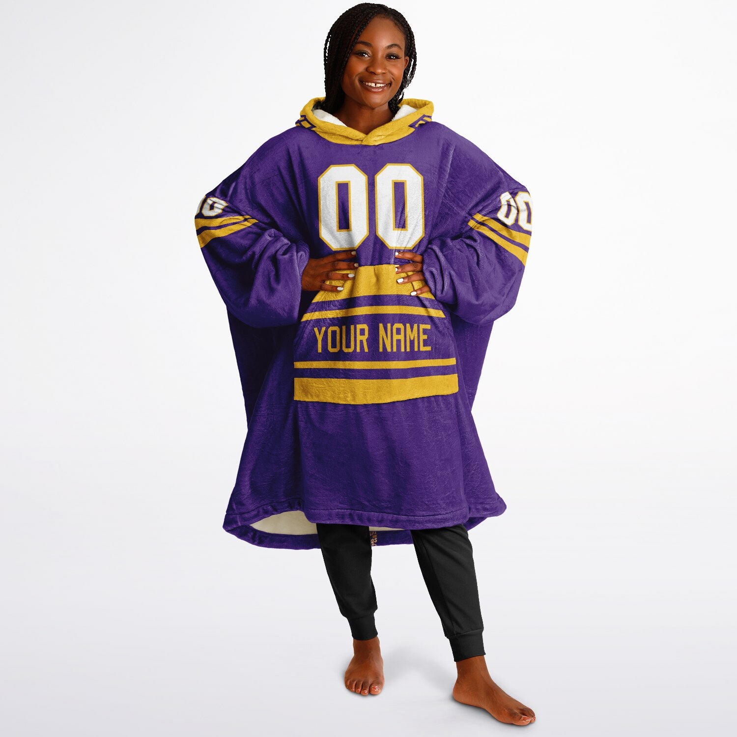 Purple and gold classic snug hoodie featuring jersey-style stripes and personalized name and number.