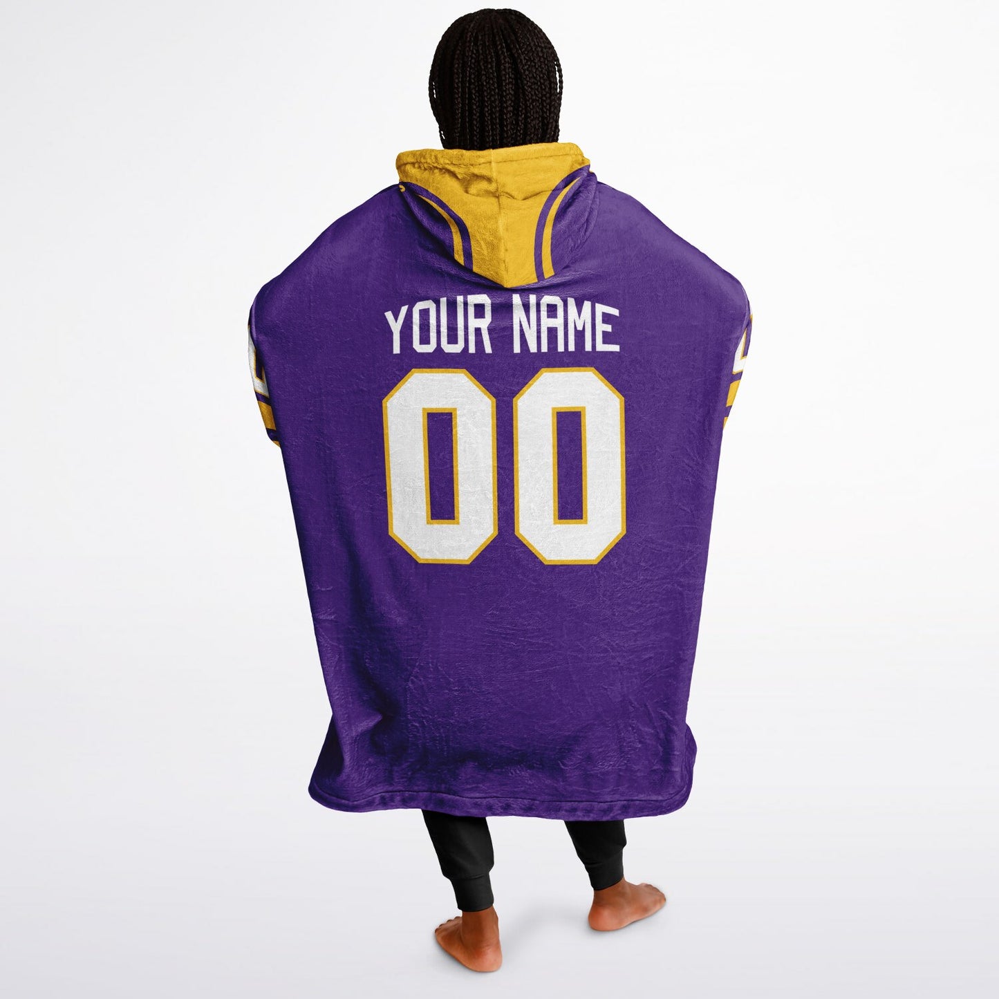 Purple and gold classic snug hoodie featuring jersey-style stripes and personalized name and number.