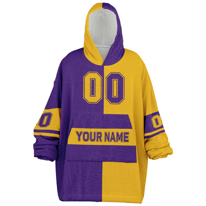 Purple and gold halftime snug hoodie featuring a symmetrical split design for a dynamic game-day look.