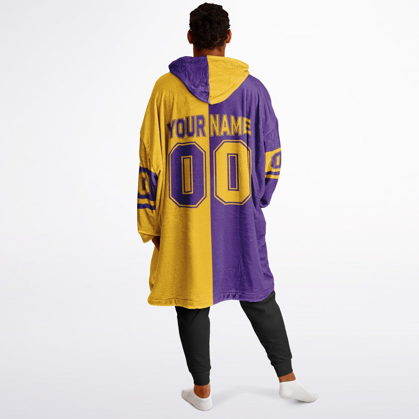 Purple and gold halftime snug hoodie featuring a symmetrical split design for a dynamic game-day look.
