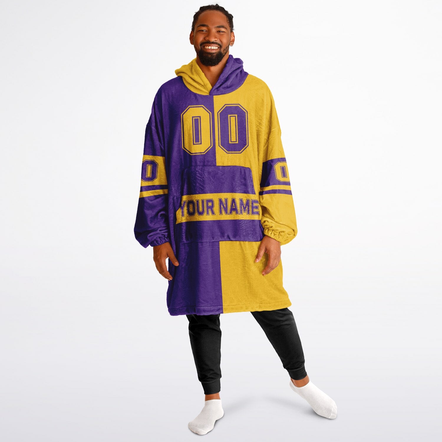 Purple and gold halftime snug hoodie featuring a symmetrical split design for a dynamic game-day look.